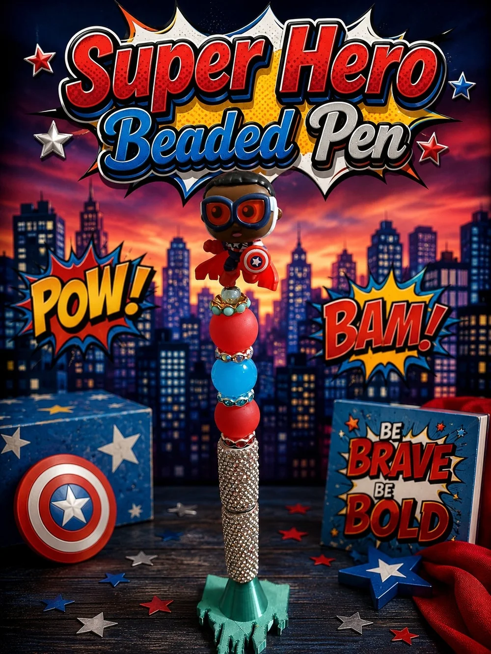 Kids Super Hero Beaded Pen - Red & Blue